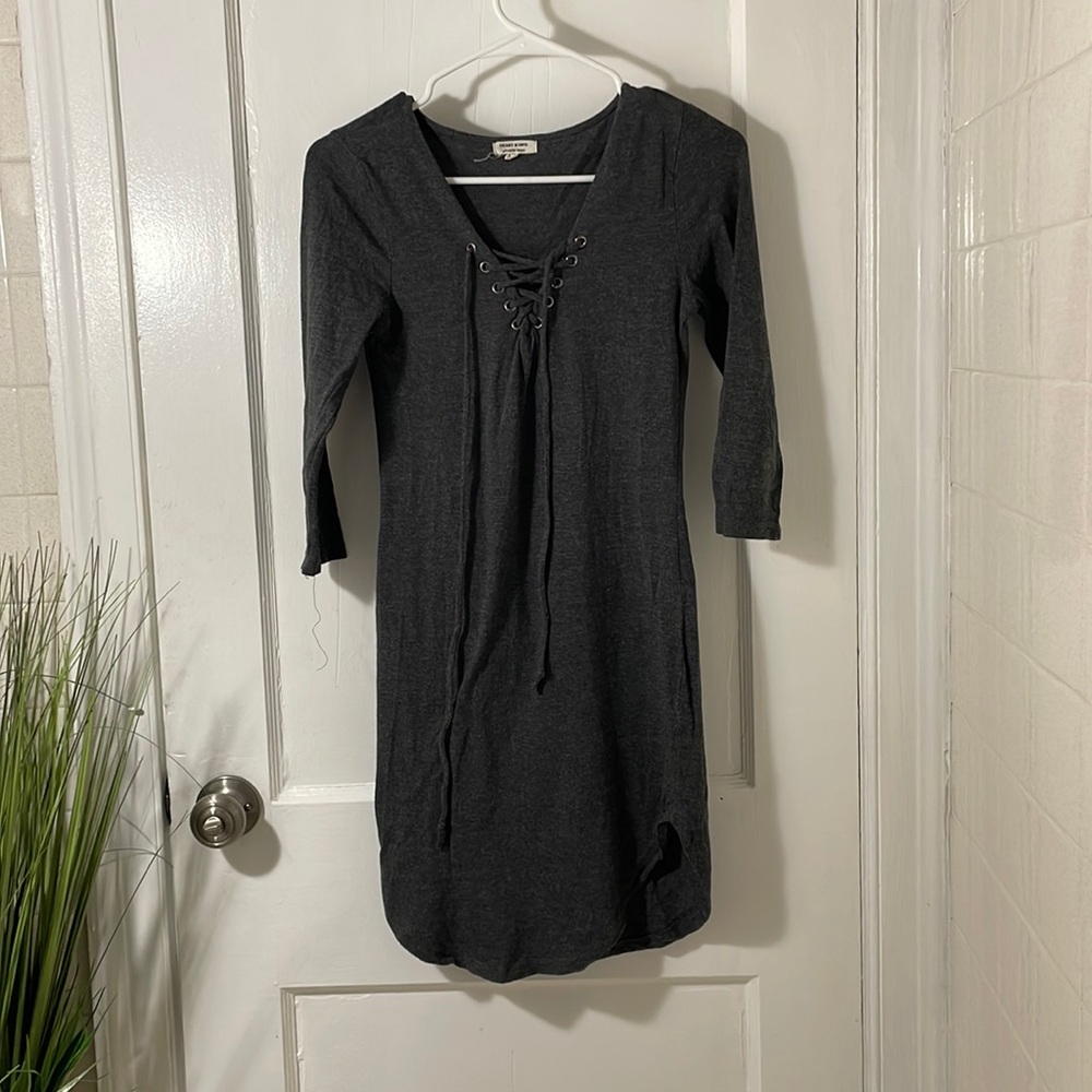 GREY LACE UP DRESS WITH MID SLEEVES